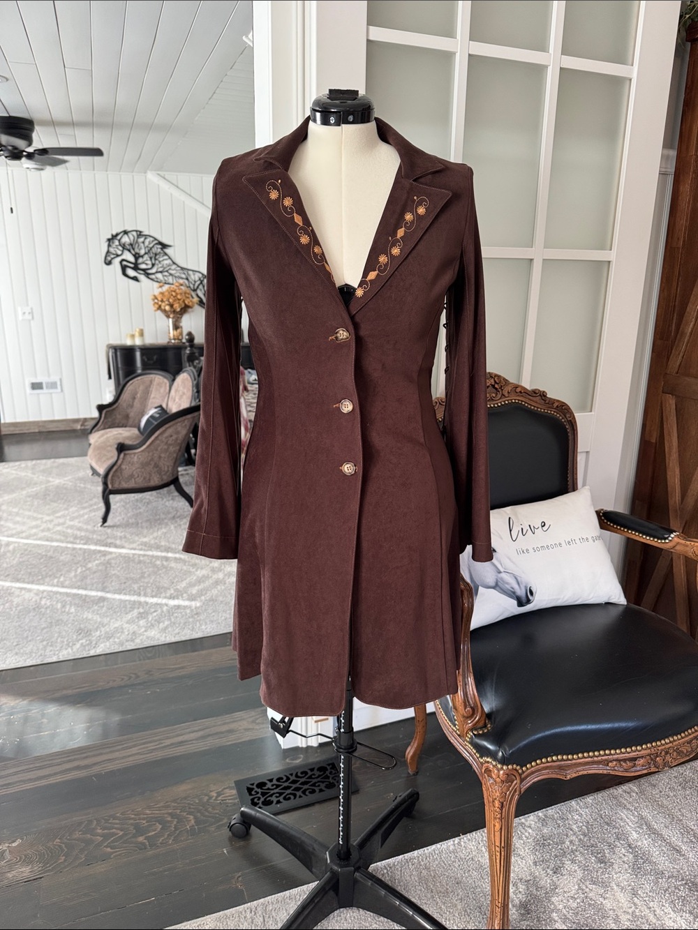 Trilogy embroidered faux-suede coat.